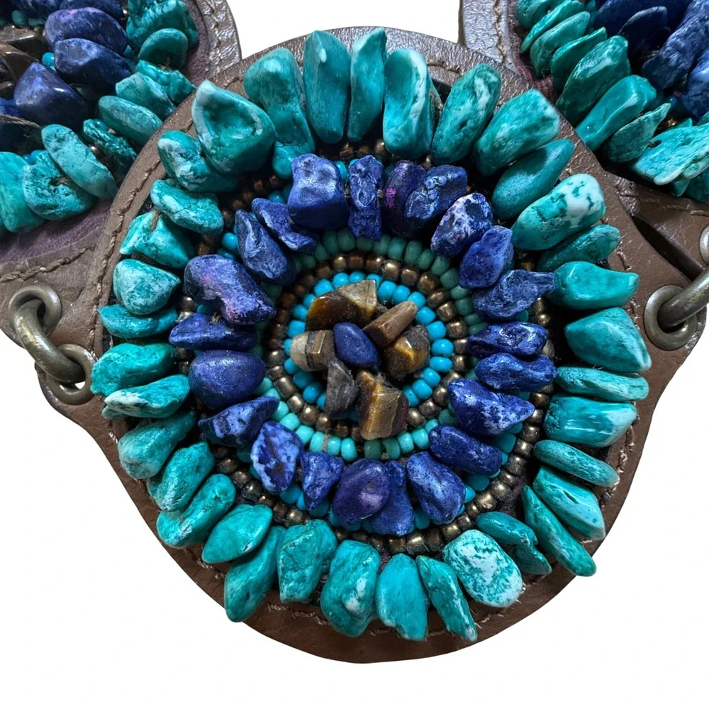 Chico's Stone Medallion Chain Belt Turquoise Purple Boho Western Statement - Picture 14 of 15